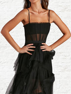 A-Line Prom Dresses Corsets Dress Party Wear Ankle Length Sleeveless Strapless Tulle Ladder Back with Ruffles