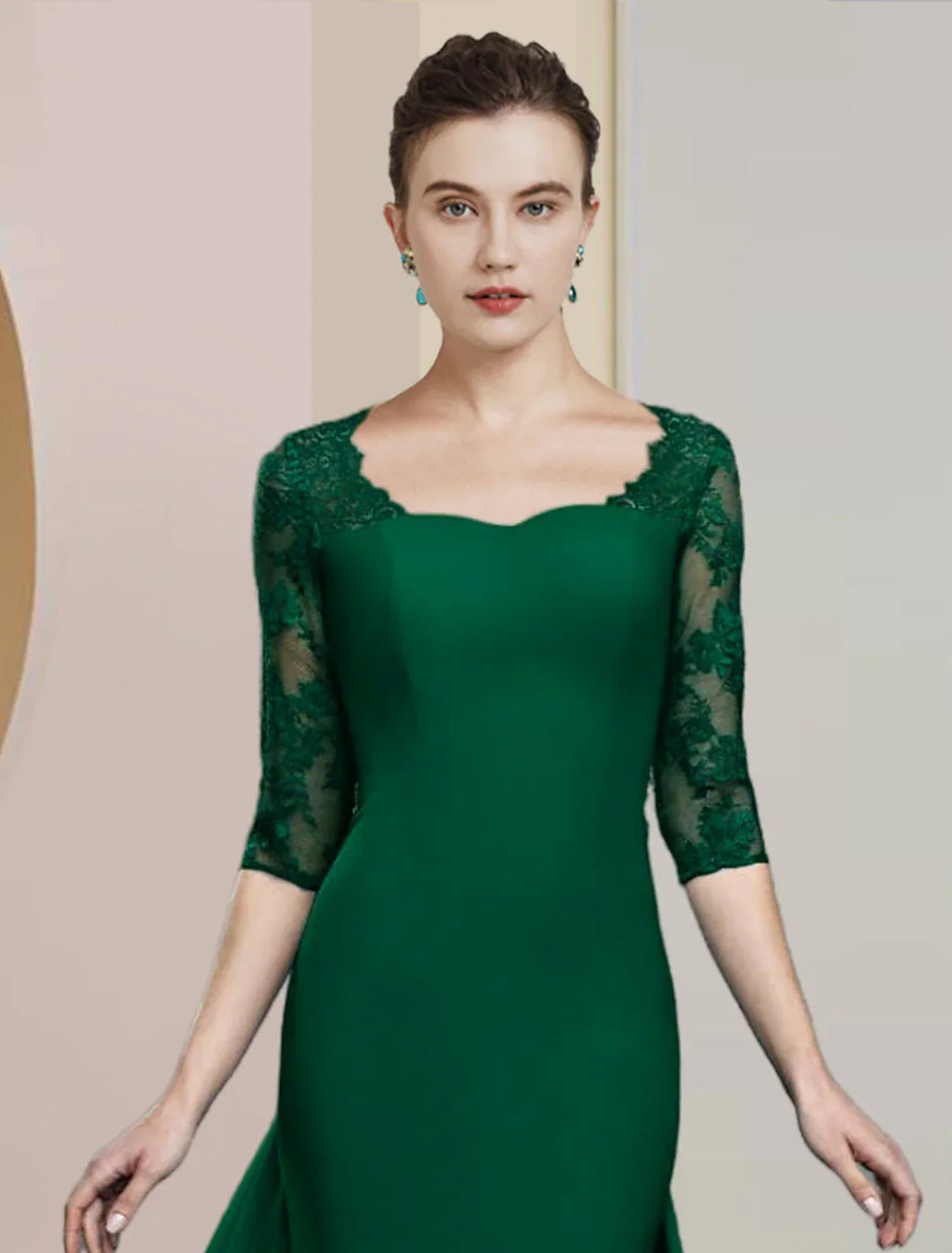 Sheath / Column Mother of the Bride Dress Formal Wedding Guest Elegant Scoop Neck Floor Length Chiffon Lace Half Sleeve with Appliques