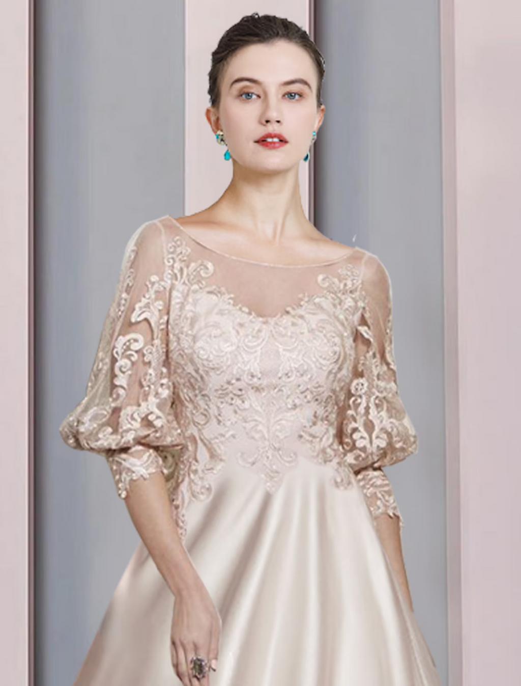 A-Line Mother of the Bride Dress Formal Wedding Guest Elegant Scoop Neck Lace Length Sleeve Wrap Included with Pleats Appliques