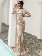 Evening Gown Sexy Dress Formal Long Sleeve Jewel Neck Polyester Backless with Sequin