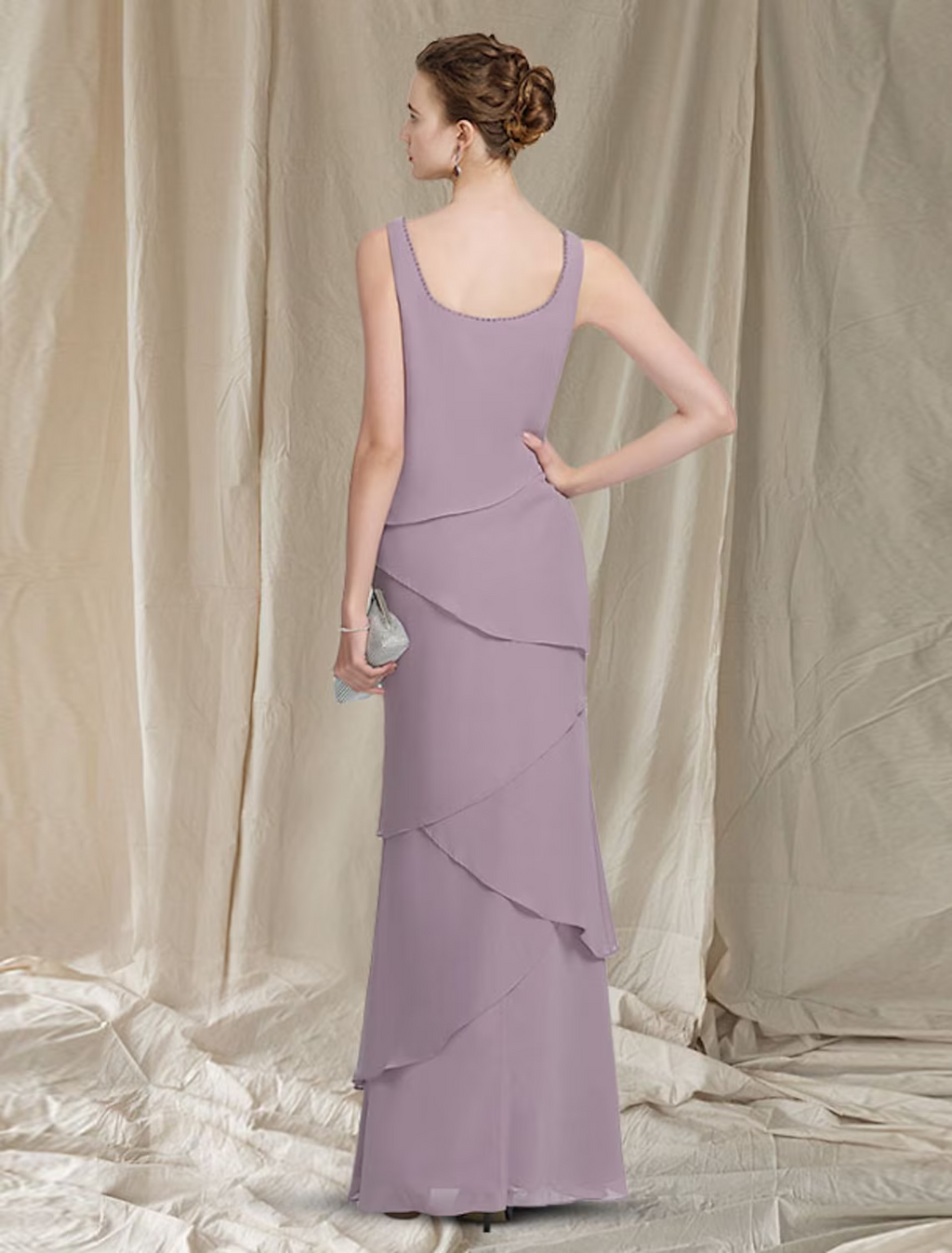 Two Piece Mother of the Bride Dress Elegant Scoop Neck Floor Length Chiffon Sleeveless Wrap Included with Beading Cascading Ruffles