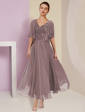 Two Piece A-Line Mother of the Bride Dress Formal Wedding Guest Elegant V Neck Length Lace Short Sleeve Wrap Included with Pleats Appliques