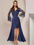 Two Piece Mother of the Bride Dress Formal Wedding Guest Elegant V Neck Knee Length Chiffon Lace Long Sleeve with Appliques