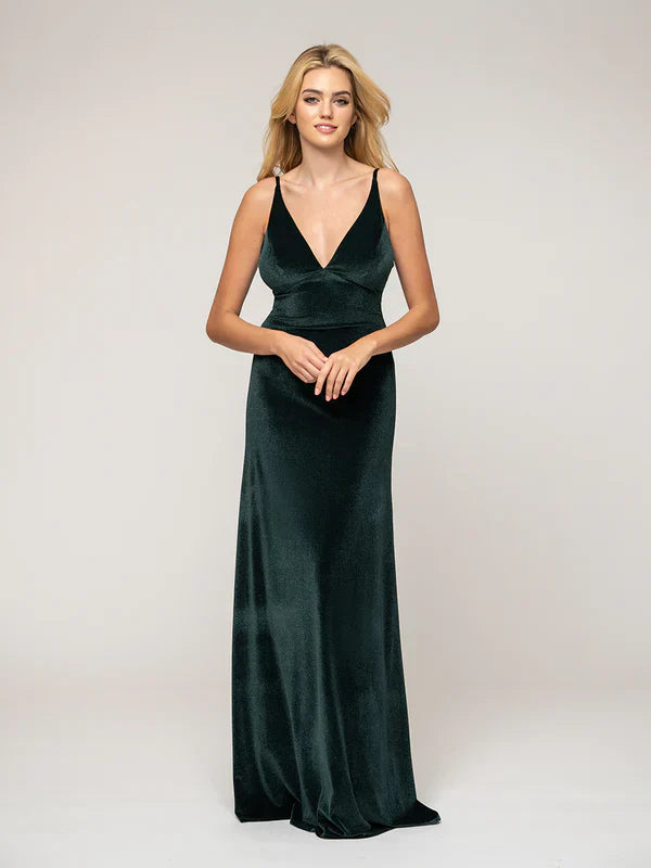 Velvet Bridesmaid Dresses Deep V Neck Straps Long Sheath For Elegant Glamorous Bridesmaids