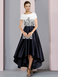 Mother of the Bride Dress Formal Party Elegant Scoop Neck Asymmetrical Satin Short Sleeve with Pleats Appliques