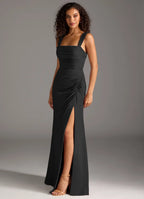 Elegant Bridesmaid Dress with Square Neckline, Tie-Back and Ruched Side