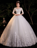 Engagement Formal Wedding Dresses Floor Length Princess Half Sleeve Jewel Neck Lace With Appliques