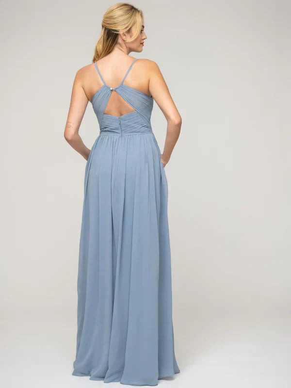 A Line Chiffon Bridesmaid Dress With Keyhole Back And Spaghetti Straps For Bridesmaids At Weddings