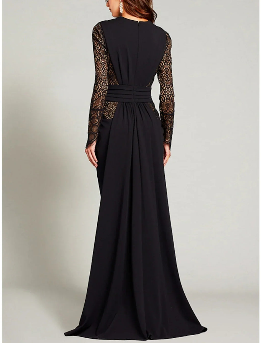 A-Line Mother of the Bride Dress Wedding Guest Elegant V Neck Floor Length Stretch Chiffon Long Sleeve with Lace Split Front Ruching