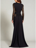 A-Line Mother of the Bride Dress Wedding Guest Elegant V Neck Floor Length Stretch Chiffon Long Sleeve with Lace Split Front Ruching