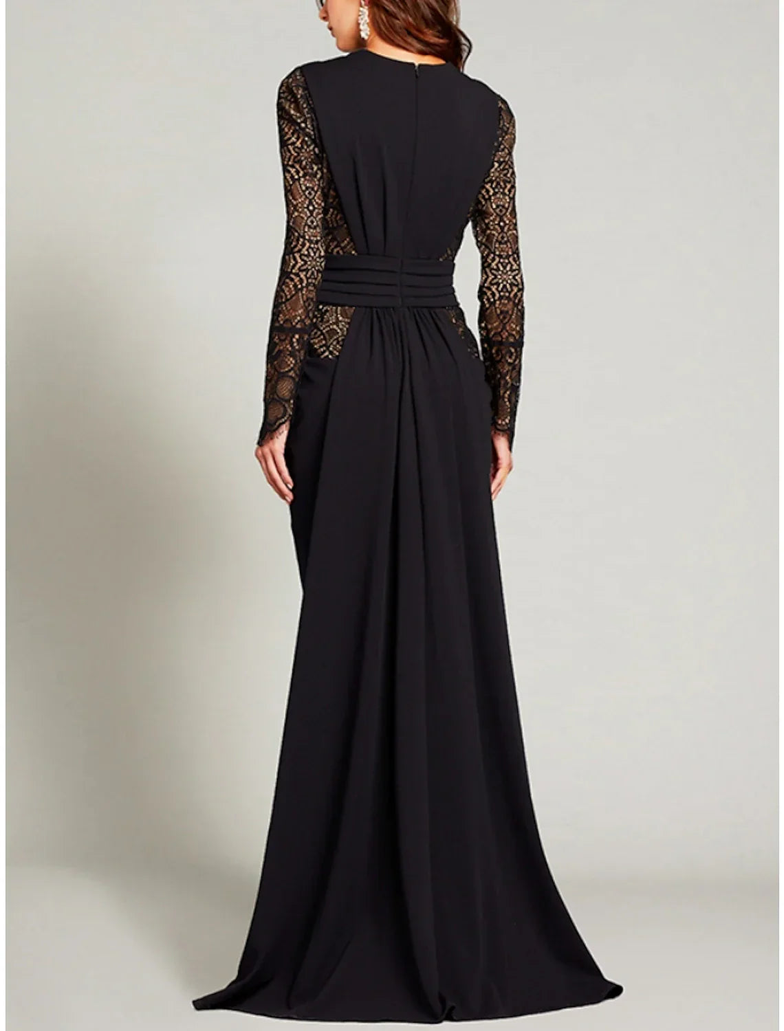 A-Line Mother of the Bride Dress Wedding Guest Elegant V Neck Floor Length Stretch Chiffon Long Sleeve with Lace Split Front Ruching