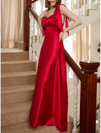 A-Line Party Dresses Open Back Dress Holiday Wedding Guest Floor Length Sleeveless Square Neck Bridesmaid Dress Satin Backless with Strappy