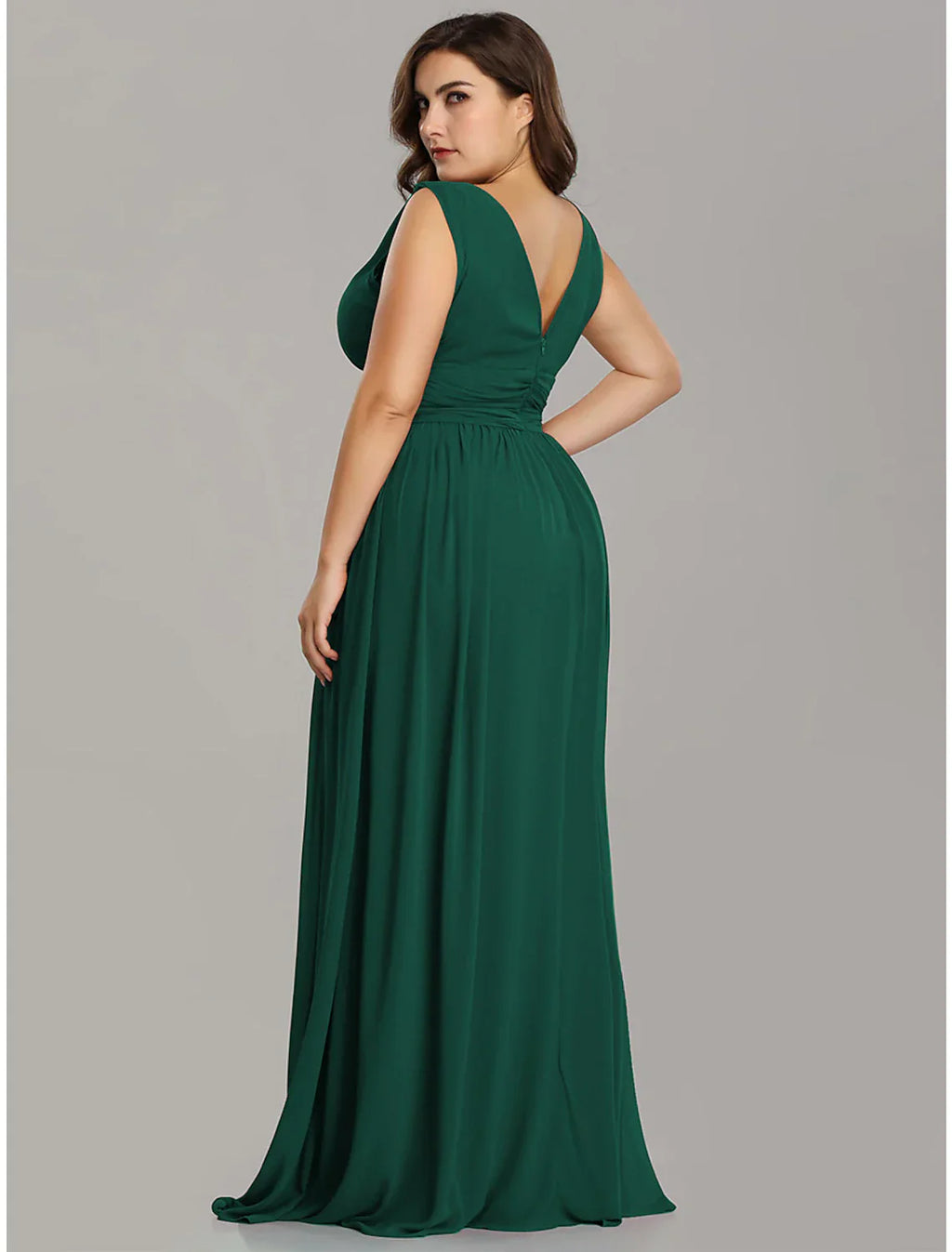 A-Line Plus Size Wedding Formal Evening Dress V Neck V Back Sleeveless Floor Length Chiffon with Pleats