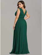 A-Line Plus Size Wedding Formal Evening Dress V Neck V Back Sleeveless Floor Length Chiffon with Pleats