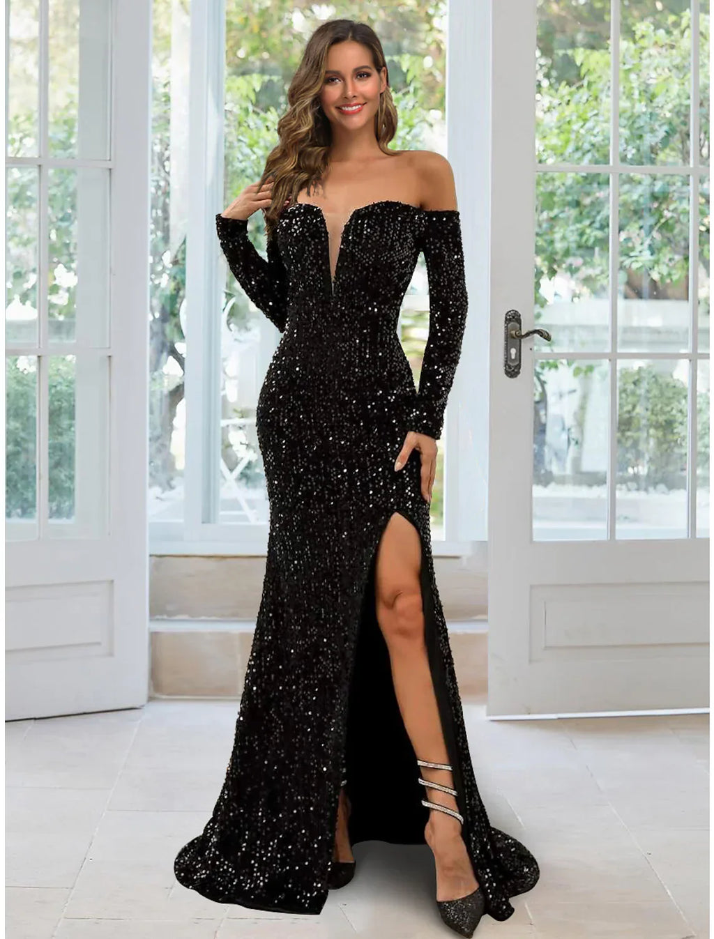 Evening Gown Black Dress Formal Long Sleeve Off Shoulder Sequined with
