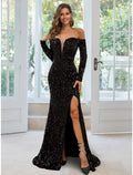 Evening Gown Black Dress Formal Long Sleeve Off Shoulder Sequined with