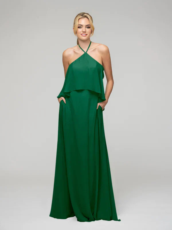 Ruffles Bodice Halter Chiffon Dress For Bridesmaids With Ribbon Detail And Elegant Flowing Silhouette