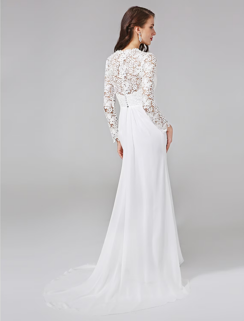 Beach Royal Style Wedding Dresses Long Sleeve V Neck Chiffon With Lace Button