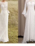 Beach Wedding Dresses Chapel Train A-Line Long Sleeve Jewel Neck Satin With