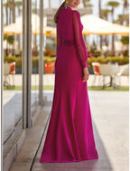 Sheath Evening Gown High Split Dress Formal Wedding Guest Floor Length Long Sleeve V Neck Chiffon with Slit Strappy