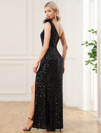 Party Dresses Vintage Dress Formal Floor Length Sleeveless One Shoulder Sequined with Feather Sequin Slit
