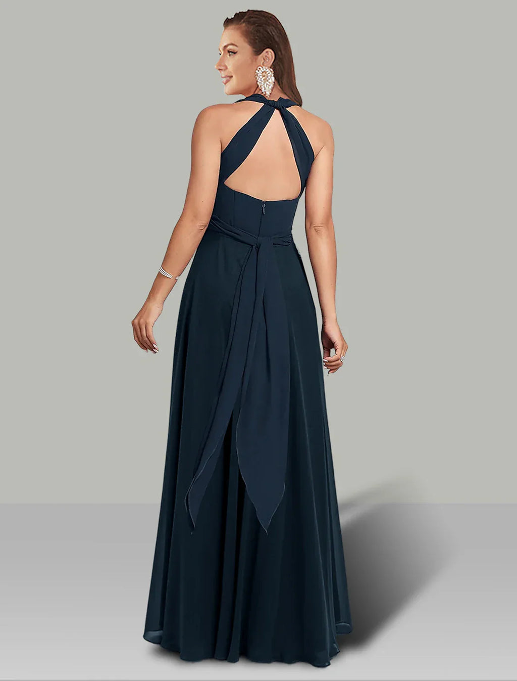 A-Line Wedding Guest Dresses Infinity Dress Wedding Party Floor Length Short Sleeve Halter Convertible Chiffon with Ruched