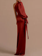 Mermaid / Trumpet Evening Gown High Split Dress Christmas Prom Sweep / Brush Train Long Sleeve One Shoulder Satin with Ruched