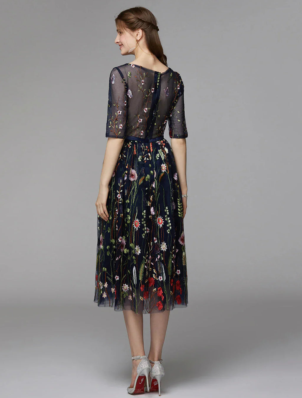 A-Line Party Dress Holiday Tea Length Half Sleeve Illusion Neck Fall Wedding Guest Organza with Embroidery Appliques