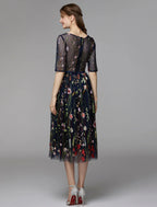 A-Line Party Dress Holiday Tea Length Half Sleeve Illusion Neck Fall Wedding Guest Organza with Embroidery Appliques