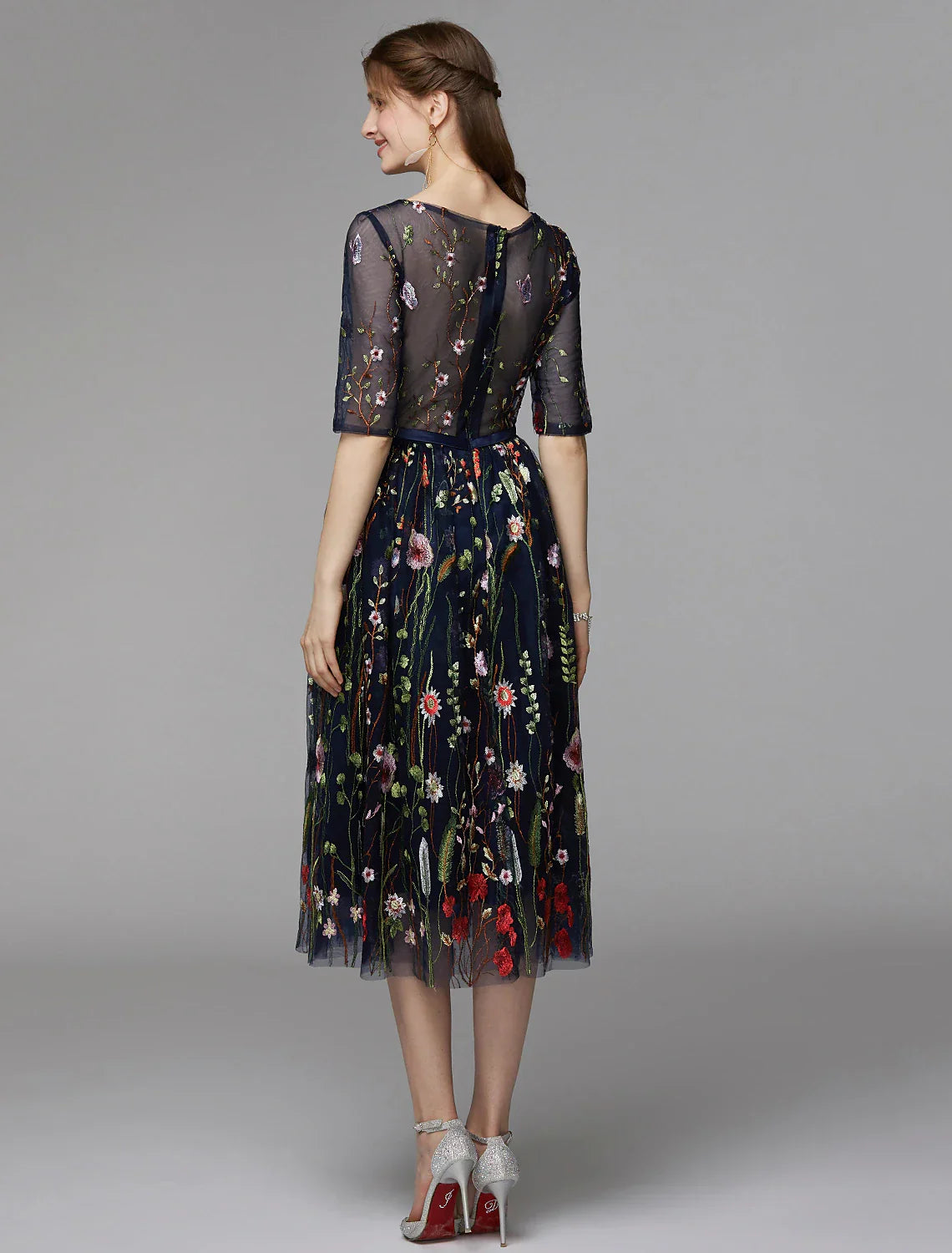 A-Line Party Dress Holiday Tea Length Half Sleeve Illusion Neck Fall Wedding Guest Organza with Embroidery Appliques