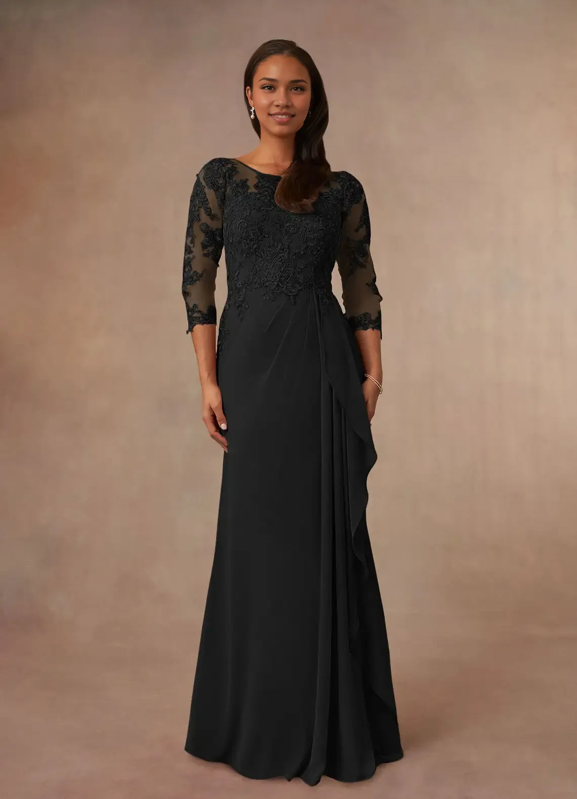 Dress Champagne A-Line Scoop Mother Of The Bride Evening Dress Elegant Ruffle Three-Quarter Sleeve V Back Plus Size Mother Of The Bride Dress
