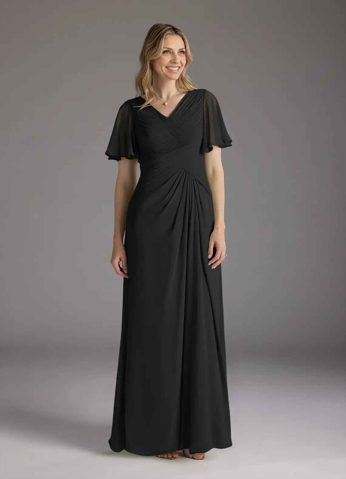 Dress A-Line V-Neck Ruched Mother of the Groom Dresses Elegant Ruffle Flutter Sleeves V Back Evening Dress
