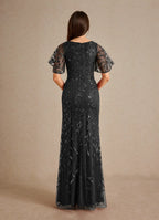 Dress Champagne Sheath Sequins Mother of the Groom Dresses Elegant V-Neck Flutter Sleeves Evening Dress