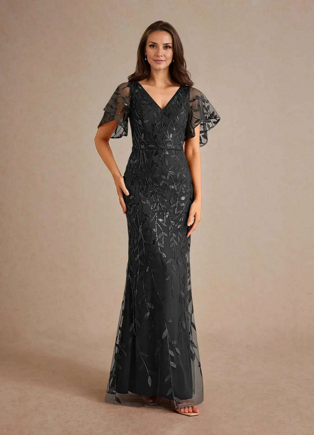 Dress Champagne Sheath Sequins Mother of the Groom Dresses Elegant V-Neck Flutter Sleeves Evening Dress