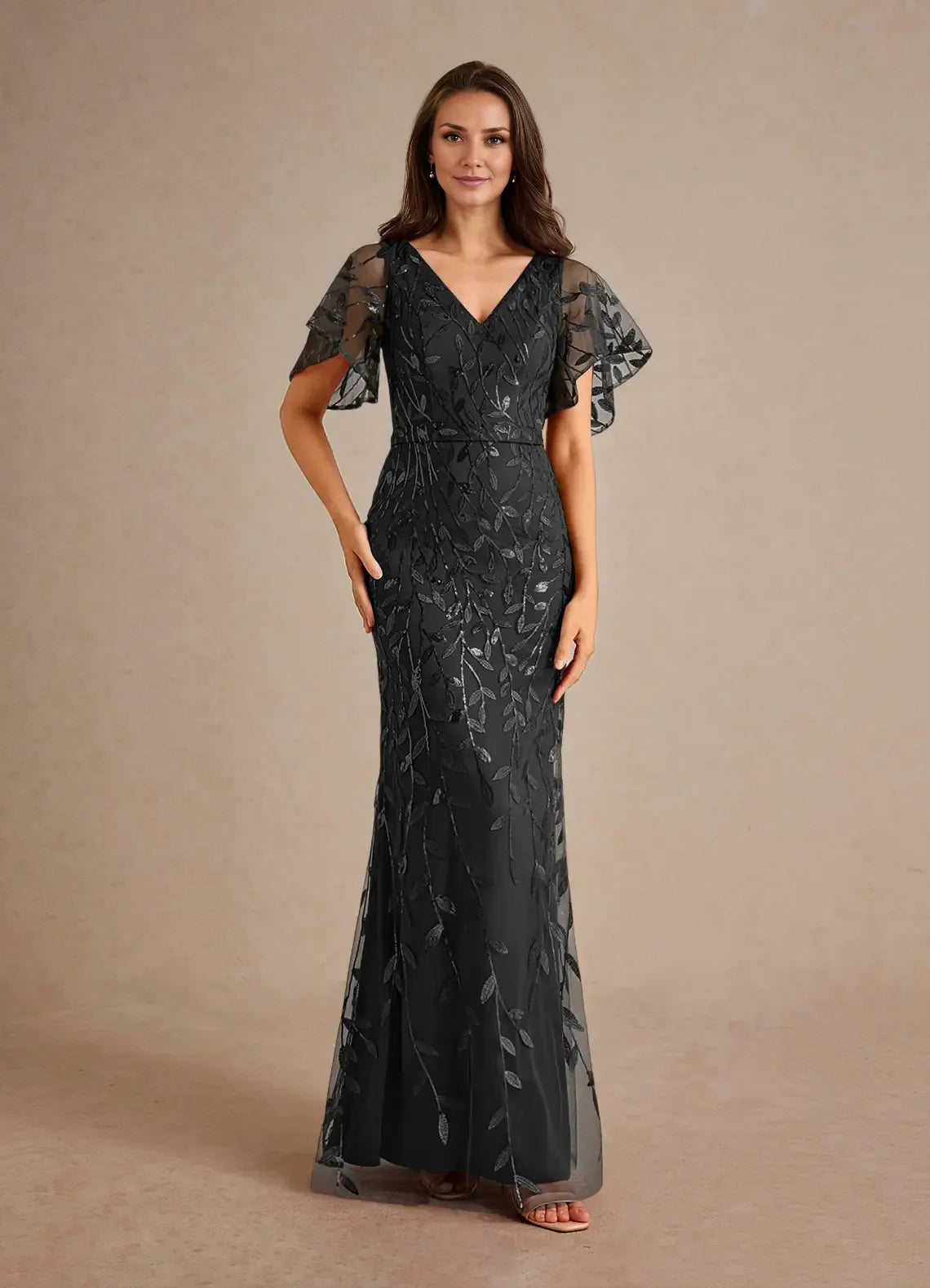 Dress Champagne Sheath Sequins Mother of the Groom Dresses Elegant V-Neck Flutter Sleeves Evening Dress