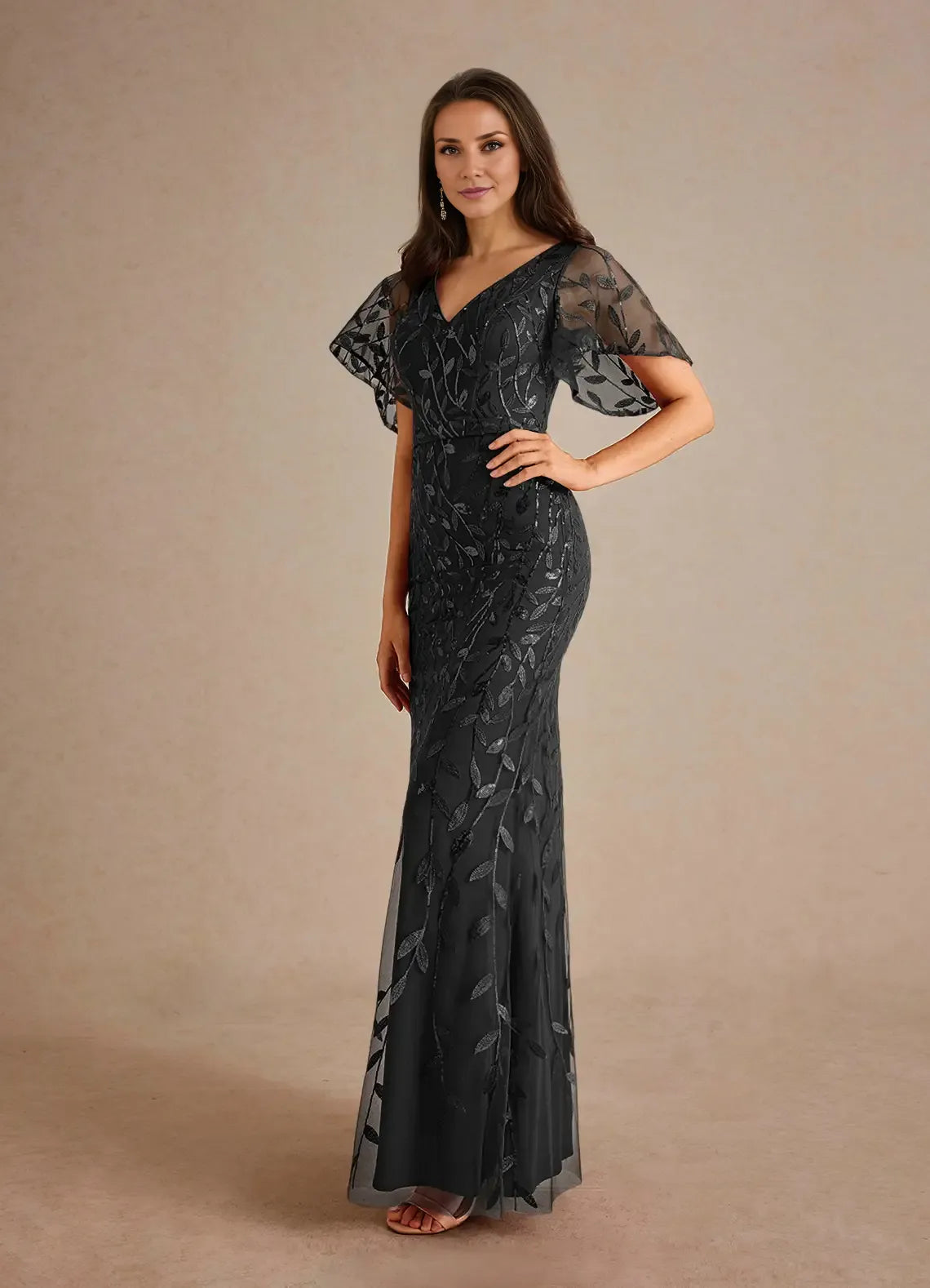 Dress Champagne Sheath Sequins Mother of the Groom Dresses Elegant V-Neck Flutter Sleeves Evening Dress
