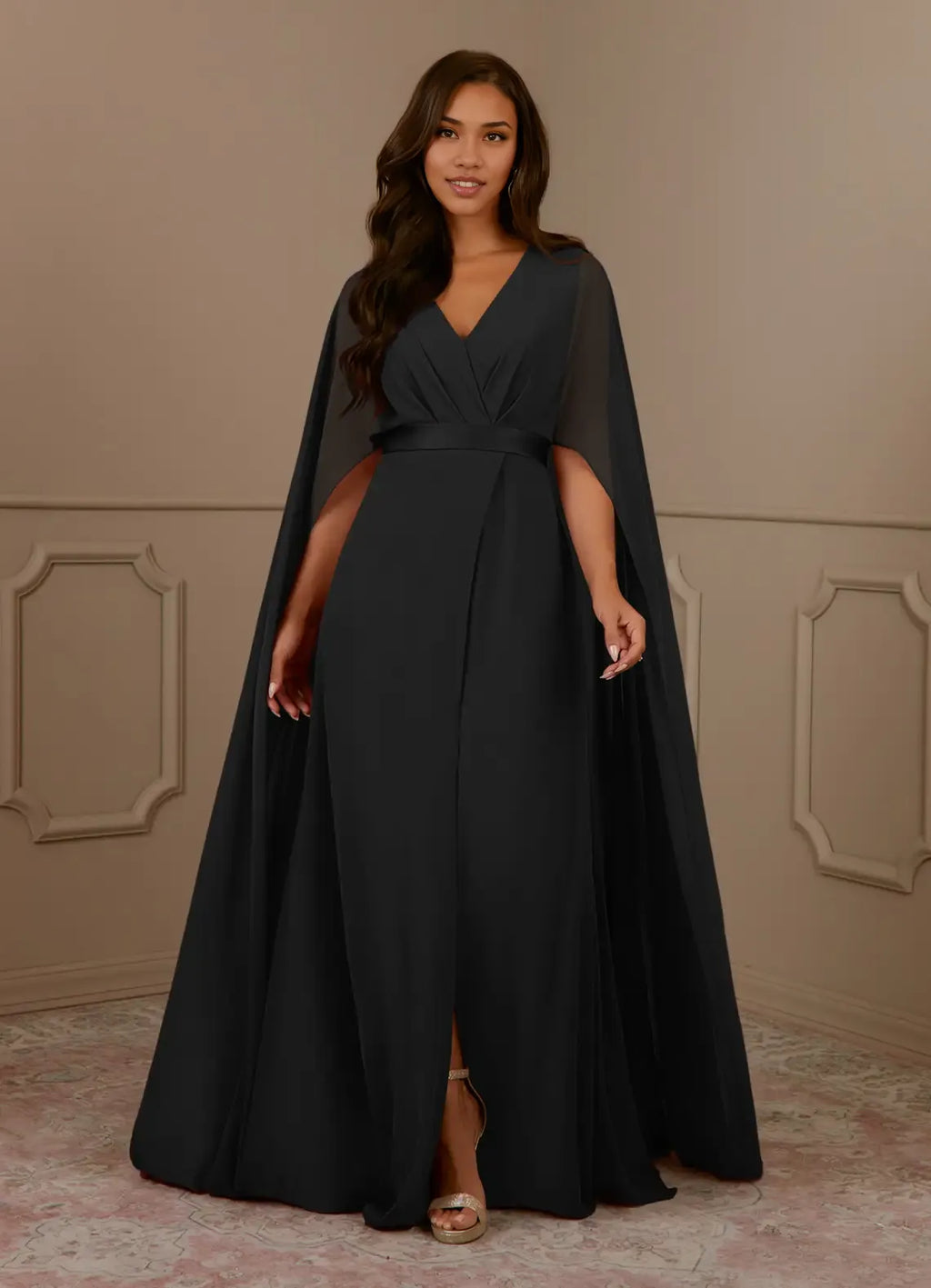 Navy Dress Dark V-Neck Pleated A-Line Mother Of The Bride Evening Dress Minimalist Cape Sleeve Back Zip Plus Size Mother Of The Bride Dress