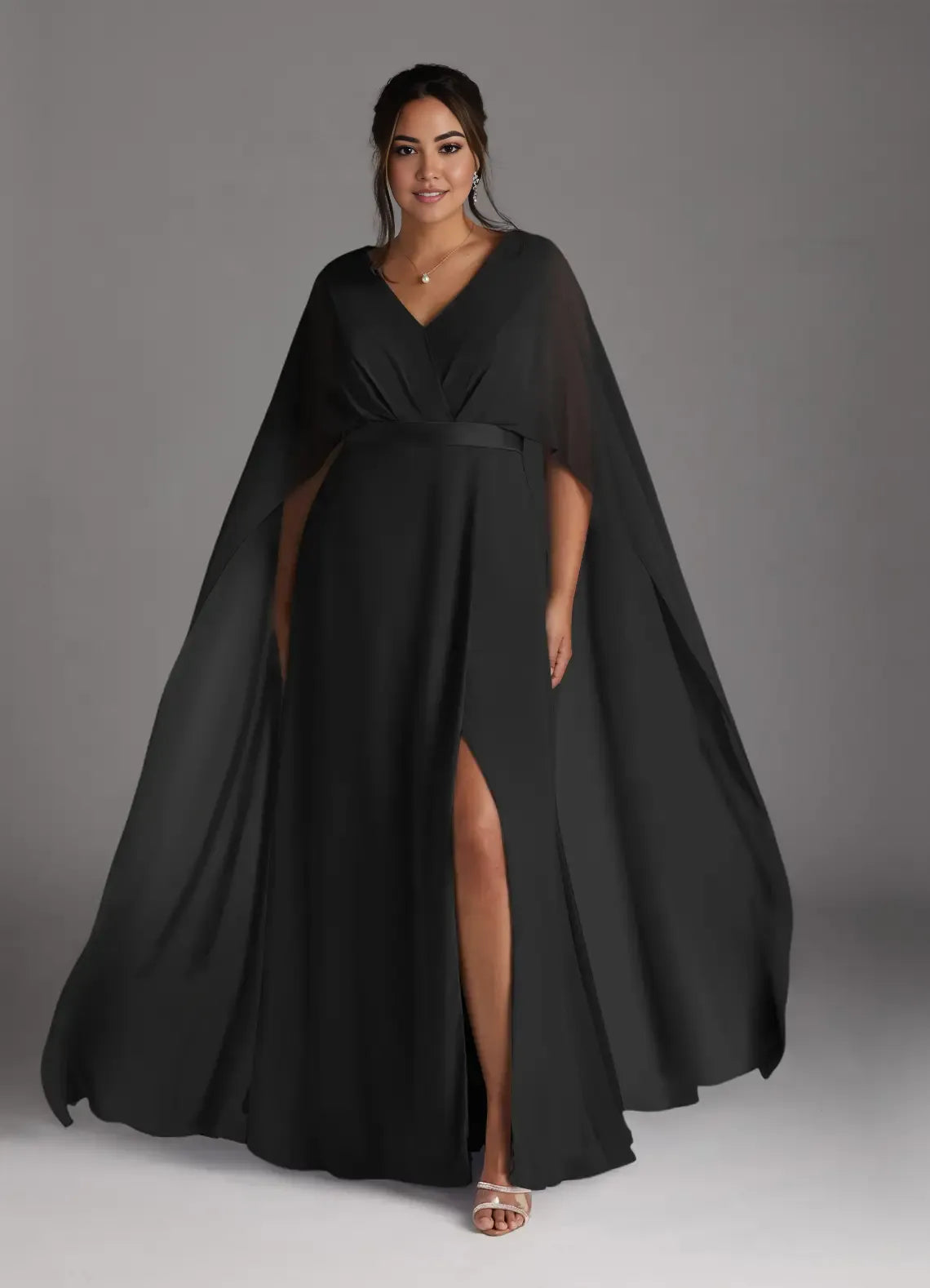 Navy Dress Dark V-Neck Pleated A-Line Mother Of The Bride Evening Dress Minimalist Cape Sleeve Back Zip Plus Size Mother Of The Bride Dress