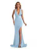 Sexy Mermaid Halter V-neck halter Side Slit  Jersey Long Formal Bridesmaid Dresses
