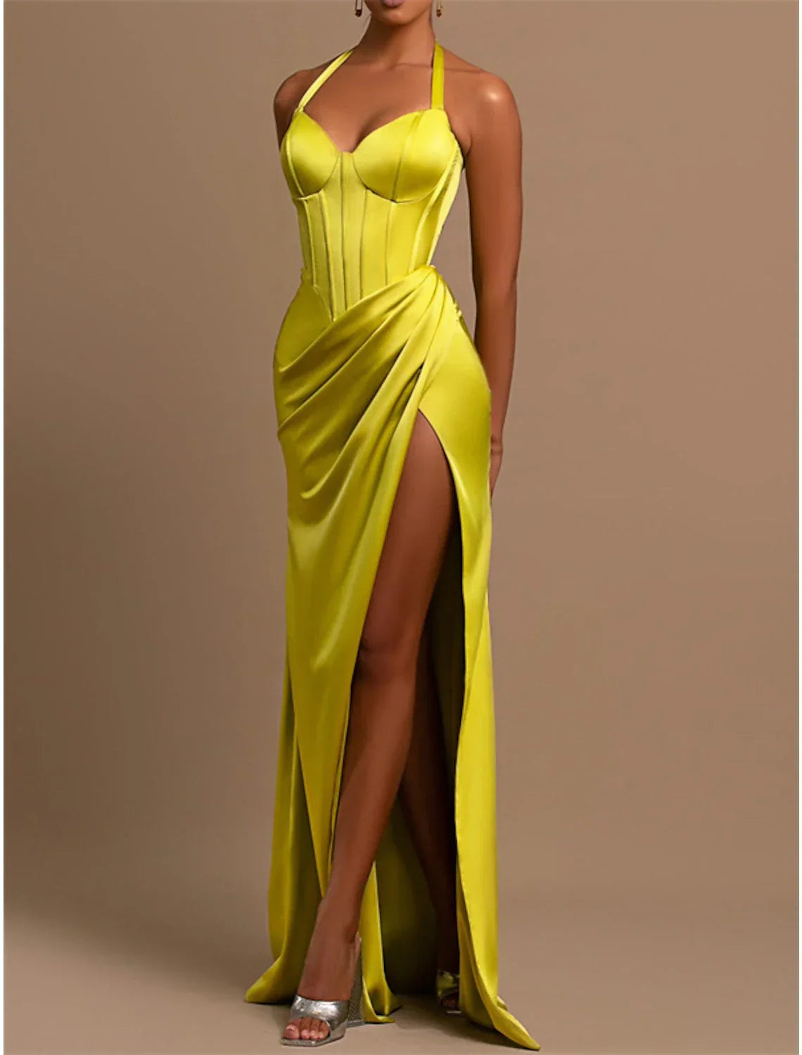 Mermaid / Trumpet Evening Gown Corsets Dress Formal Wedding Guest Floor Length Sleeveless Halter Neck Satin with Ruched