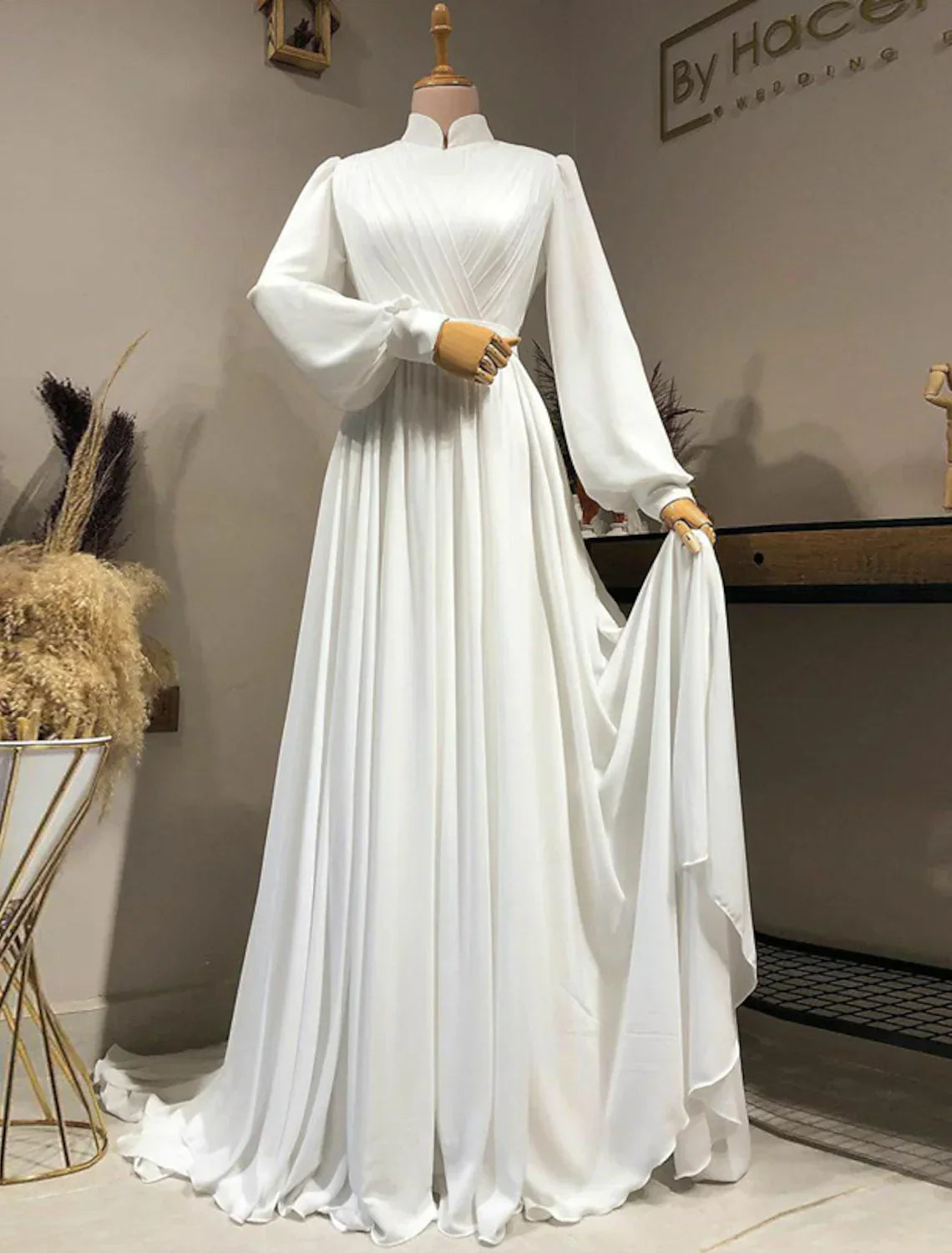 Vintage Casual Wedding Dresses A-Line Long Sleeve High Neck Chiffon With Pleats