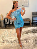 Mermaid / Trumpet Cocktail Dresses Party Dress Homecoming Short / Mini Sleeveless One Shoulder Sequined with Feather Sequin