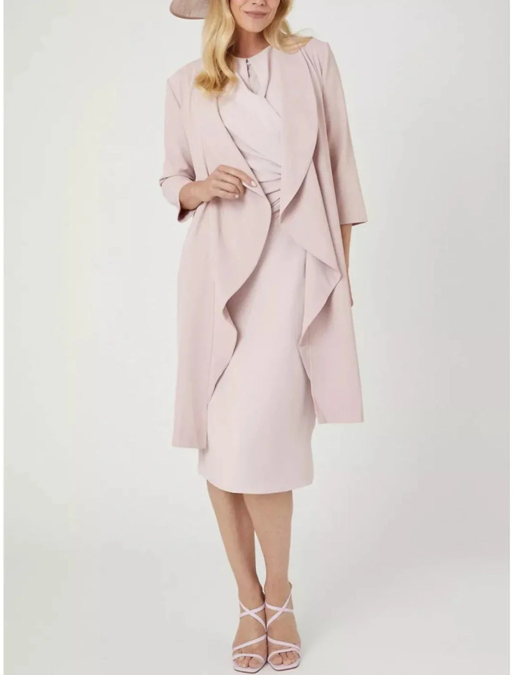 Two Piece Mother of the Bride Dress Wedding Guest Elegant Petite Jewel Neck Knee Length Stretch Chiffon 3/4 Length Sleeve with Split Front Ruching Solid Color