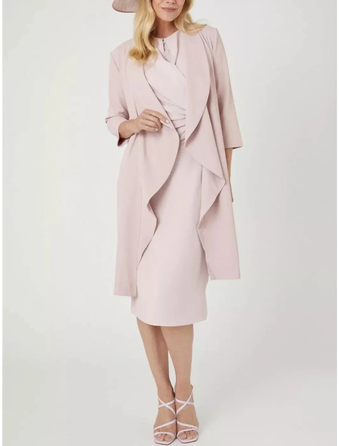 Two Piece Mother of the Bride Dress Wedding Guest Elegant Petite Jewel Neck Knee Length Stretch Chiffon 3/4 Length Sleeve with Split Front Ruching Solid Color