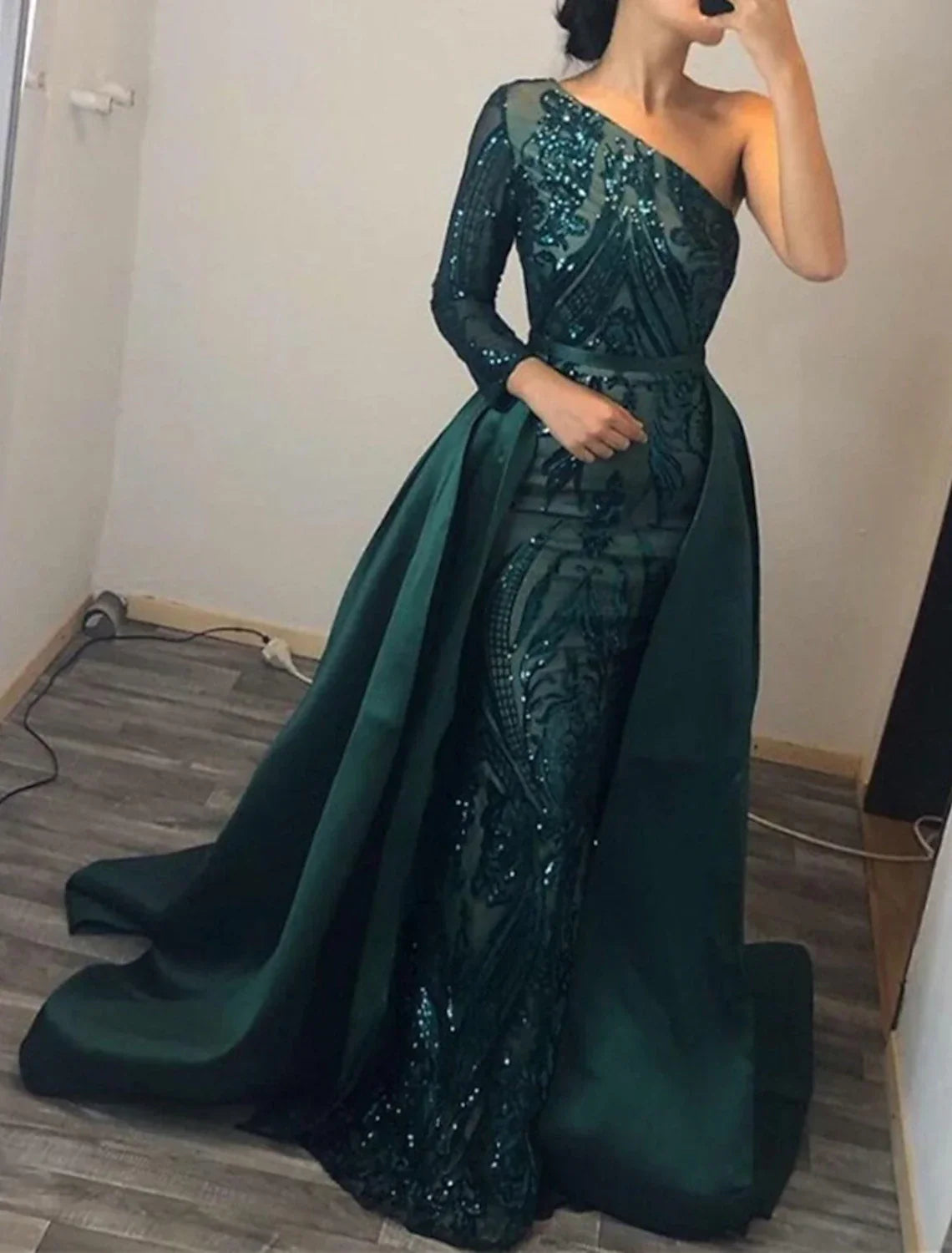 Mermaid / Trumpet Evening Gown Elegant Dress Formal Wedding Court Train Long Sleeve One Shoulder Detachable Satin with Sequin