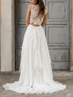 Boho Wedding Dresses Two Piece Scoop Neck Sleeveless Court Train Chiffon Bridal Suits Bridal Gowns With Appliques Solid Color