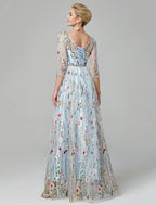 A-Line Evening Gown Elegant Dress Floor Length Sleeve Lace with Embroidery