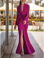 Sheath Evening Gown High Split Dress Formal Wedding Guest Floor Length Long Sleeve V Neck Chiffon with Slit Strappy
