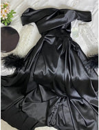 A-Line Evening Gown Elegant Dress Formal Black Dress Carival Sweep / Brush Train Long Sleeve Off Shoulder Satin with Rhinestone Feather Pleats