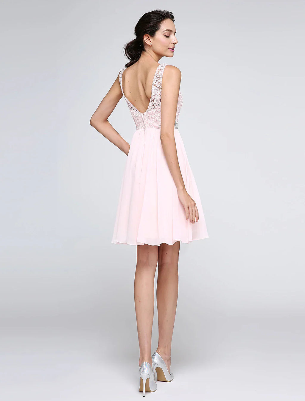A-Line Special Occasion Dresses Party Dress Homecoming Short / Mini Sleeveless Illusion Neck Pink Dress Chiffon V Back Low Back with Crystals